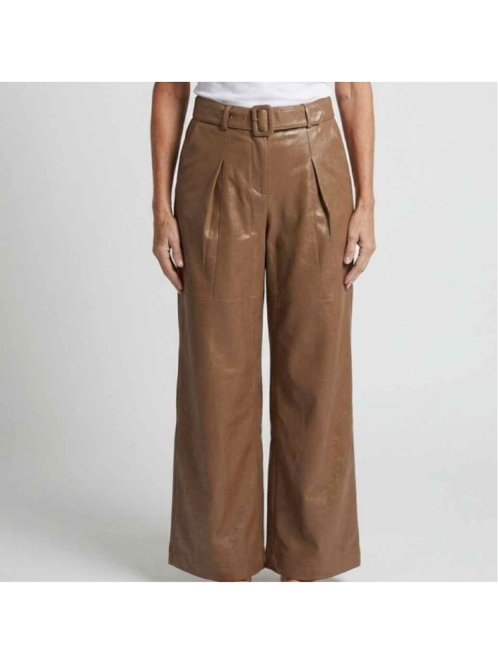 Self-Portrait Camel Faux Leather Belted Wide Leg Pleated Trousers US 8 NWT